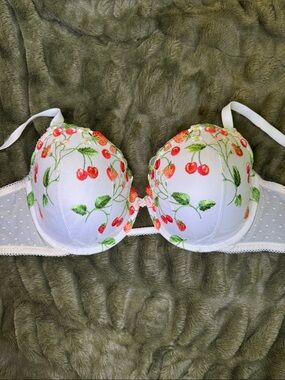 Victoria's Secret White Strawberry Cherry Embroidered Lined Demi Bra